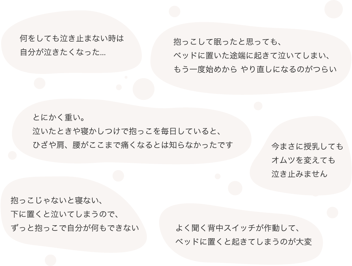 何をしても泣き止まない時は自分が泣きたくなった... / 抱っこして眠ったと思っても、ベッドに置いた途端に起きて泣いてしまい、もう一度始めからやり直しになるのがつらい / とにかく重い。泣いたときや寝かしつけで抱っこを毎日していると、ひざや肩、腰がここまで痛くなるとは知らなかったです / 今まさに授乳してもオムツを変えても泣き止みません / 抱っこじゃないと寝ない、下に置くと泣いてしまうので、ずっと抱っこで自分が何もできない / よく聞く背中スイッチが作動して、ベッドに置くと起きてしまうのが大変