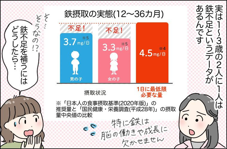 鉄摂取の実態（12〜36カ月）摂取状況：男の子3.7mg/日 女の子3.3mg/日 1日に最低限必要な量：4.5mg/日