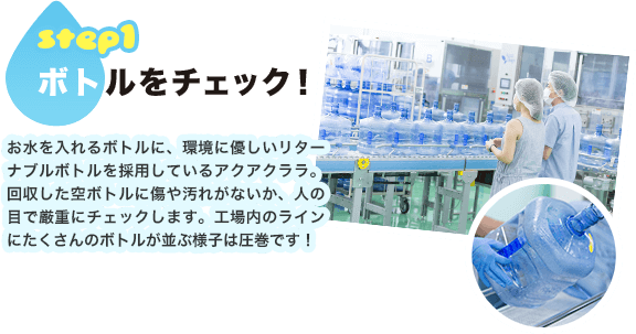 step1.ボトルをチェック! お水を入れるボトルに、環境に優しいリターナブルボトルを採用しているアクアクララ。回収した空ボトルに傷や汚れがないか、人の目で厳重にチェックします。工場内のラインにたくさんのボトルが並ぶ様子は圧巻です!