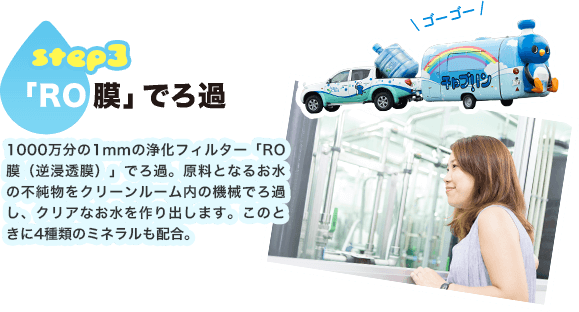 step3.しっかり洗浄&殺菌 1000万分の1mmの浄化フィルター「RO膜(逆浸透膜)」でろ過。原料となるお水の不純物をクリーンルーム内の機械でろ過し、クリアなお水を作り出します。このときに4種類のミネラルも配合。