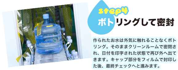step4.ボトリングして密封 作られたお水は外気に触れることなくボトリング。そのままクリーンルームで密閉され、日付を印字された状態で再び外へ出てきます。キャップ部分をフィルムで封印した後、最終チェックへと進みます。