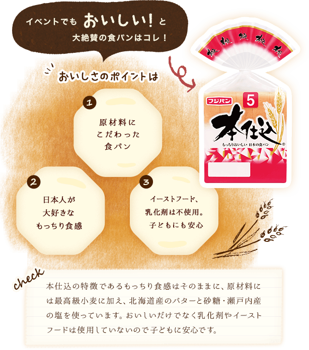 イベントでもおいしい！と大絶賛の食パンはコレ！「本仕込」おいしさのポイントは・・・１．原材料にこだわった食パン、２．日本人が大好きなもっちり食感、３.イーストフード、乳化剤は不使用。子どもにも安心。本仕込の特徴であるもっちり食感はそのままに、原材料には最高級小麦に加え、北海道産のバターと砂糖・瀬戸内産の塩を使っています。おいしいだけでなく乳化剤やイーストフードは使用していないので子どもに安心です。